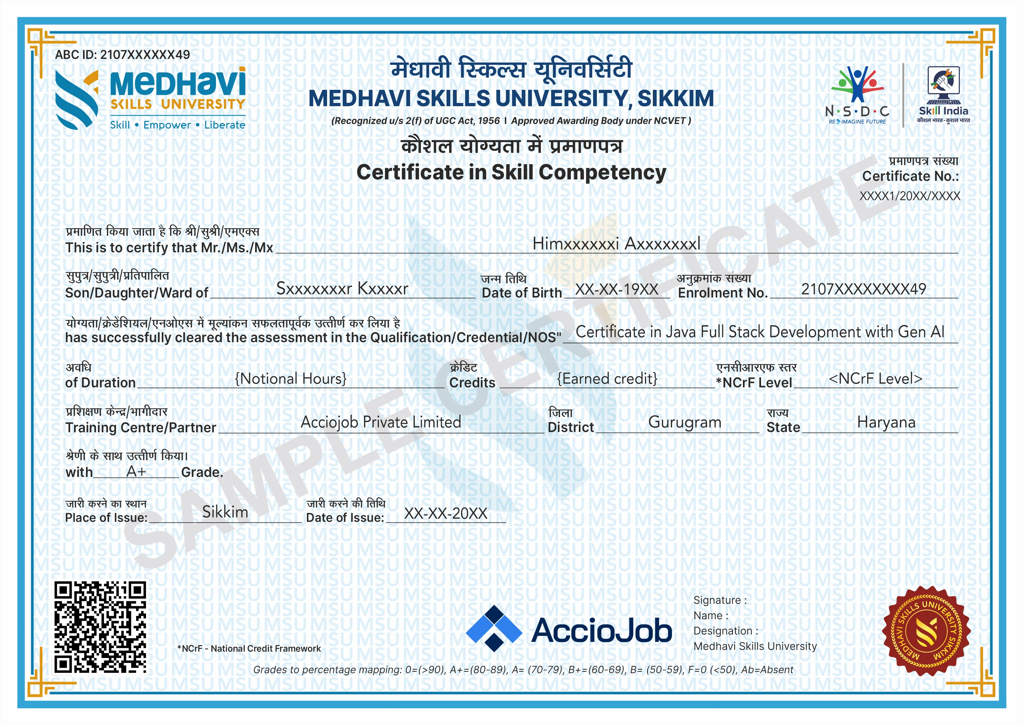 AccioJob & Skill India Medhavi Skills University certificate of completion